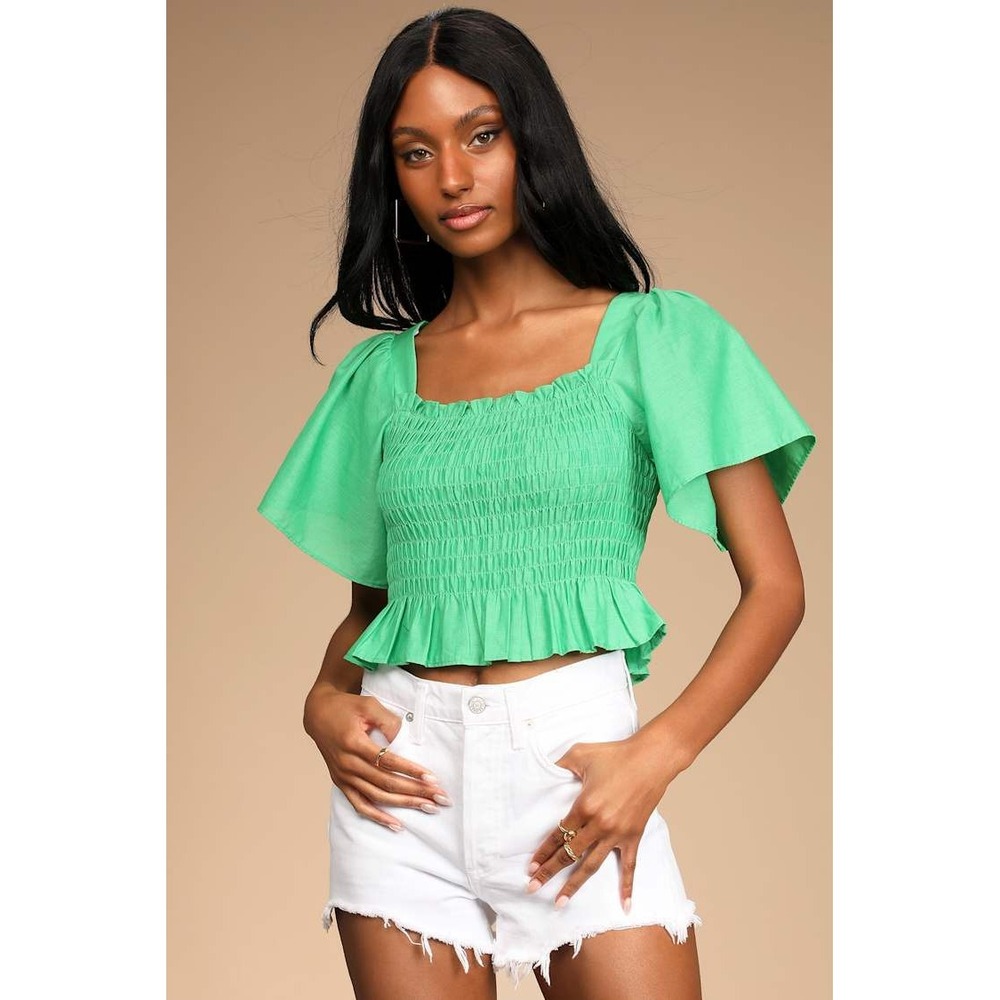 Lulus Your Sunshine Green Smocked Flutter Sleeve Top Linen Blend Green XS